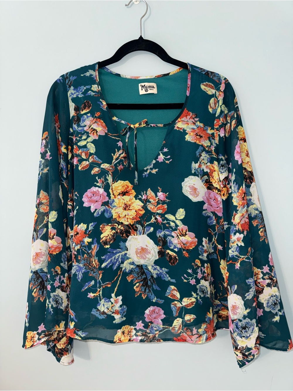 Show Me Your Mumu teal floral print bell sleeve top with tie neck detail - Picture 3 of 9